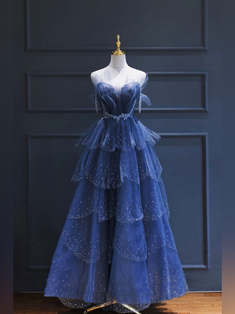 Navy Sparkle Tiered Tulle Prom Dress with Beaded Waist